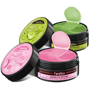 A 2-pack set of Green Tea and Pink Rose collagen under-eye patches (60 pieces total) for comprehensive eye rejuvenation.