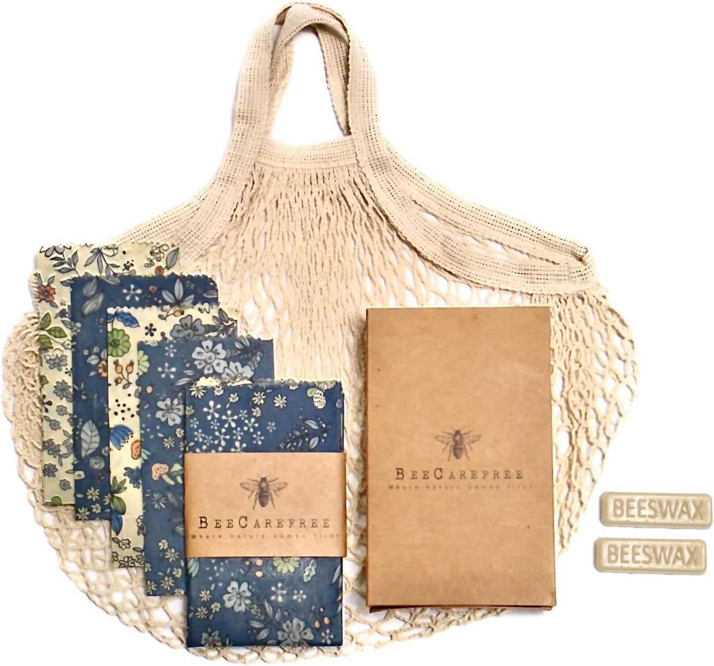 4-Pack Reusable Beeswax Wraps with Produce Bag & 2 Beeswax Bars – Eco-Friendly Set