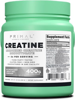 Primal Creatine Monohydrate Powder (400 Grams) | Unflavored Micronized Creatine