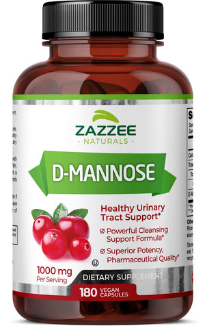 Zazzee D-Mannose, 1000 mg per Serving, 180 Vegan Capsules, 3 Month Supply, Potent