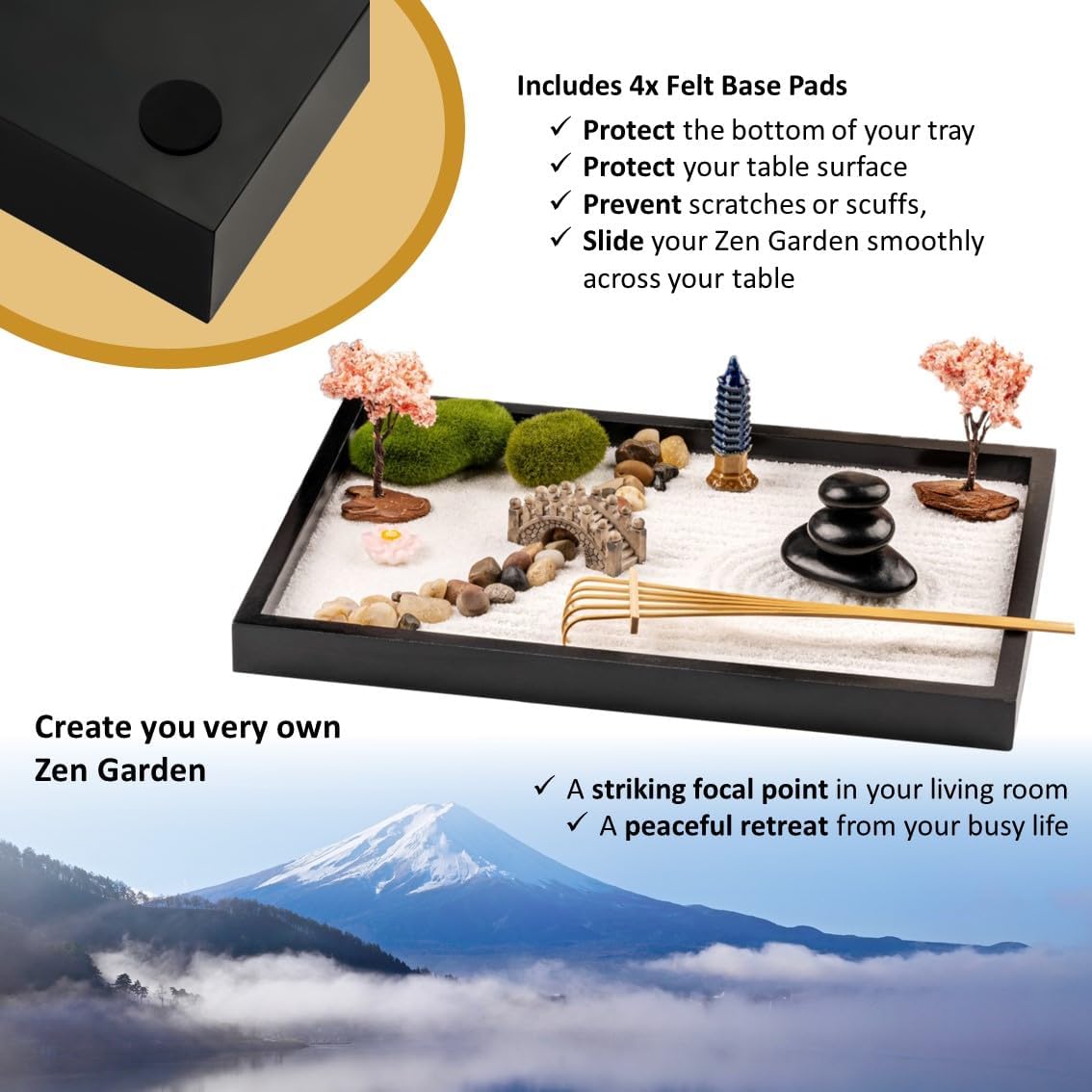 Zen Garden Kit 11x8in – Mini Japanese Rock Set with Sand Tray, Tools & Accessories