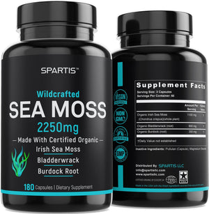 Certified Organic Sea Moss Capsules 2250mg Wildcrafted Irish Sea Moss Burdock Root