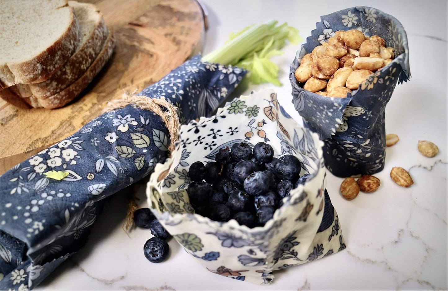 4-Pack Reusable Beeswax Wraps with Produce Bag & 2 Beeswax Bars – Eco-Friendly Set