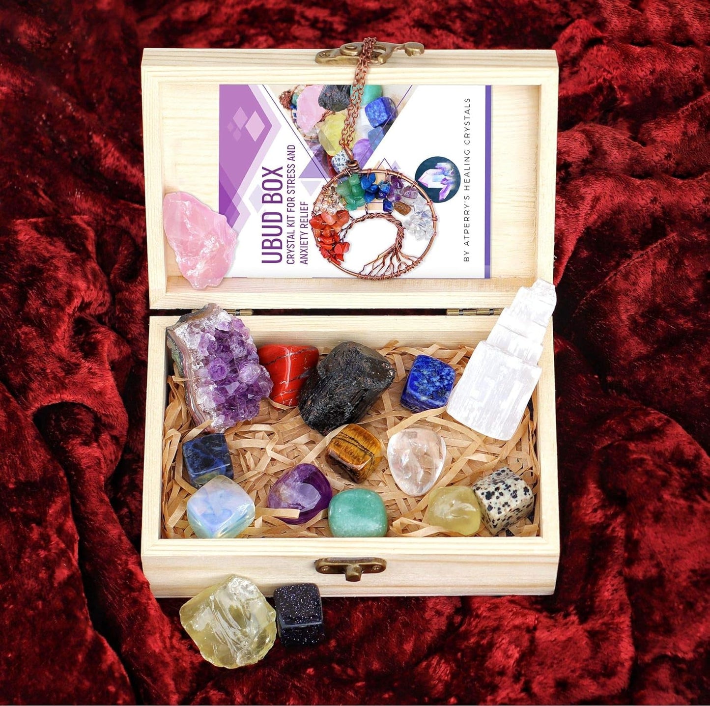 AtPerry's 16-Piece Natural Healing Crystal Set – Tumbled & Raw Stones in Wooden Box