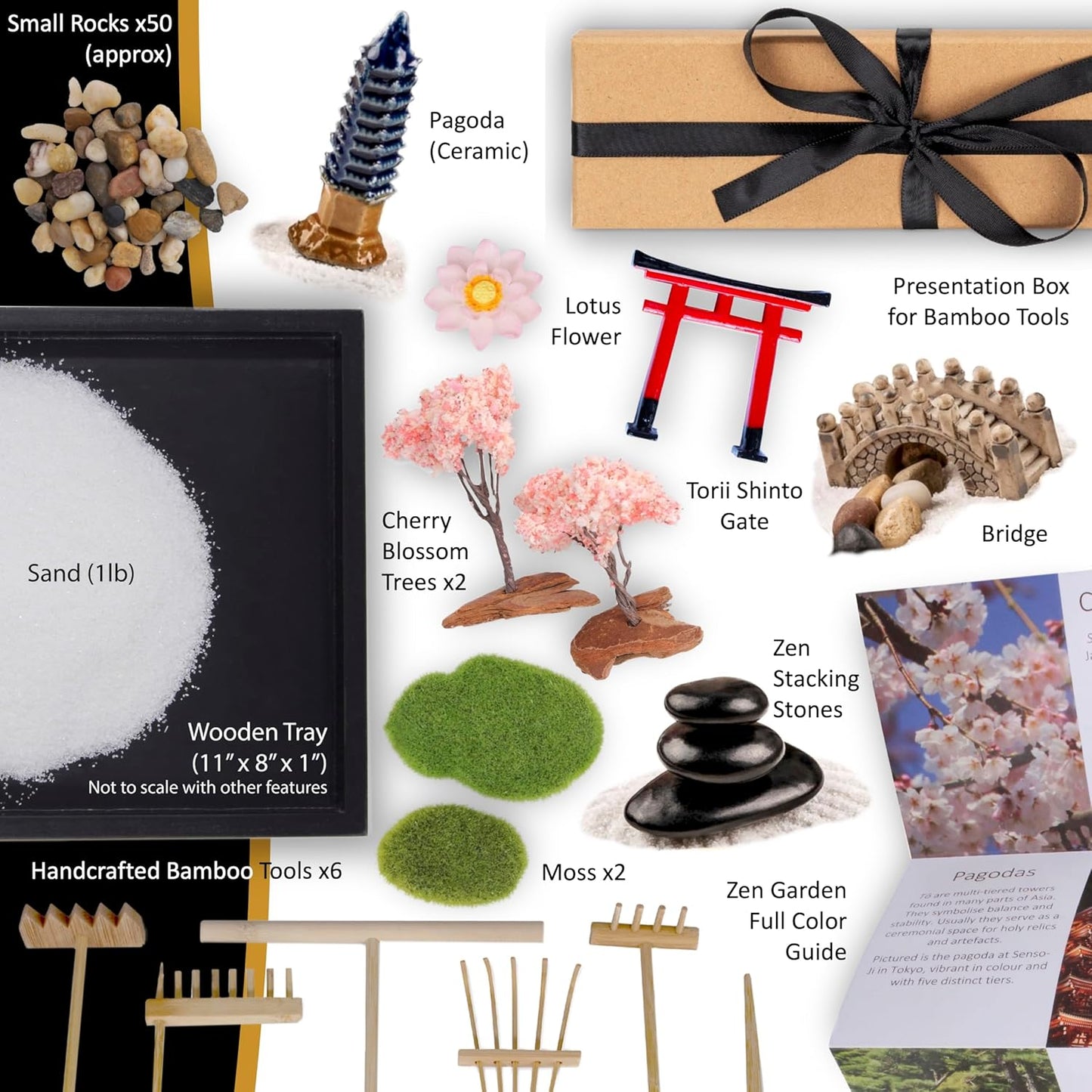 Zen Garden Kit 11x8in – Mini Japanese Rock Set with Sand Tray, Tools & Accessories