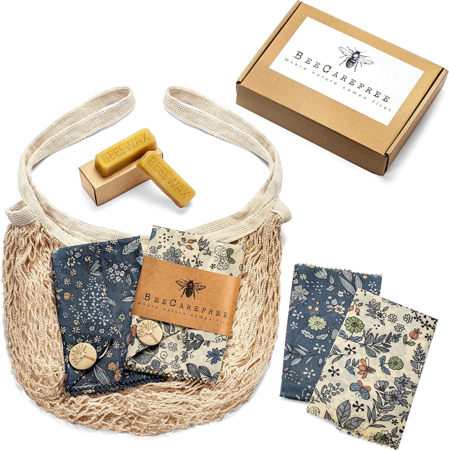 4-Pack Reusable Beeswax Wraps with Produce Bag & 2 Beeswax Bars – Eco-Friendly Set