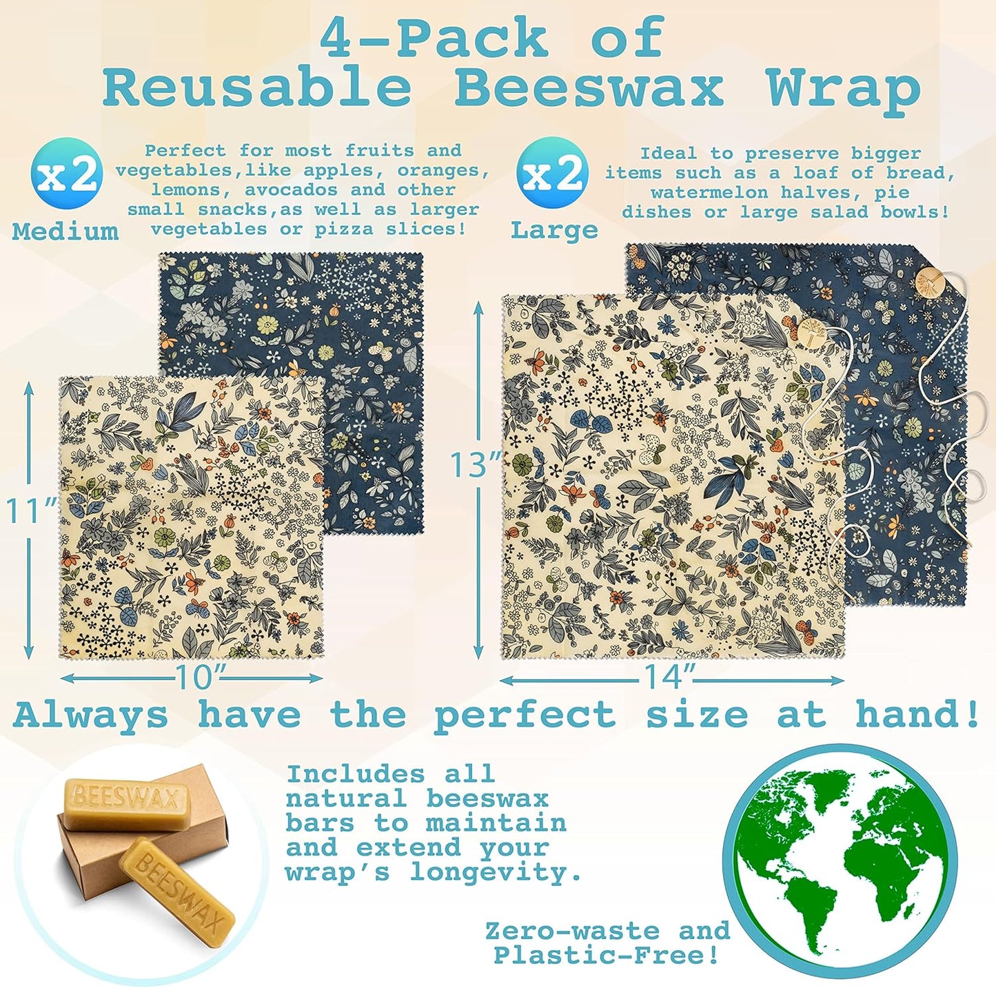 4-Pack Reusable Beeswax Wraps with Produce Bag & 2 Beeswax Bars – Eco-Friendly Set