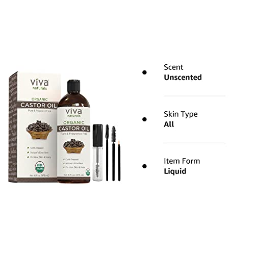 Viva Naturals Organic Castor Oil, 16 fl oz - Cold Pressed Castor Oil for Skin, Hair and Lashes - Traditionally