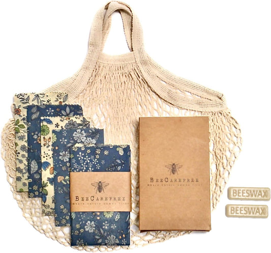 4-Pack Reusable Beeswax Wraps with Produce Bag & 2 Beeswax Bars – Eco-Friendly Set