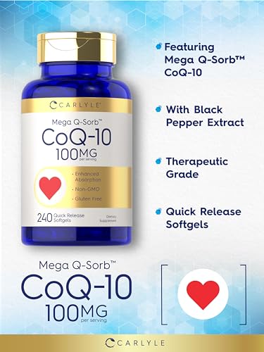 Carlyle CoQ10 100mg | 240 Softgels | Mega Q-Sorb Coenzyme Q-10 | with Black Pepper