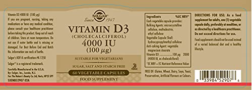 Solgar Vitamin D3 4000 IU (100 µg) Vegetable Capsules - Pack of 60 - Cholecalciferol