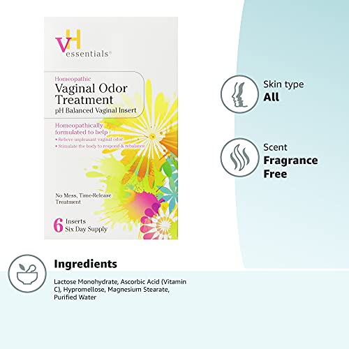 vH essentials Vaginal Odor Treatment - pH Balanced Vaginal Suppositories - 6 Tablets With Applicator, White