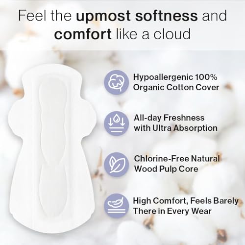 SANDIS Feminine Pad for Women - Large 48 Count 100% Organic Cotton Ultra Thin with Wings