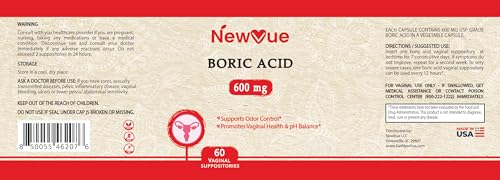 NewVue Boric Acid Vaginal Suppositories (600mg, 60 Count) Supports Vaginal pH Balance, Odor Control (USP Medical Grade Fine Powder, Easy Dissolve, Third Party Tested, Made in USA)