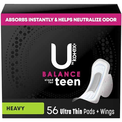 U by Kotex Balance Sized for Teens Ultra Thin Pads with Wings, Heavy Absorbency, 56 Count