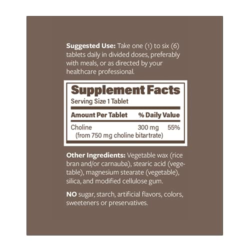 Choline Bitartrate Sustained Release - 300mg 200 Tablet - Promotes Brain Health, Mental Focus & Memory