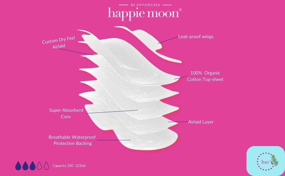 happie moon Tween and Teen Pads | Small Organic Cotton Cover Period Pads | Ultra Thin Cotton Pads