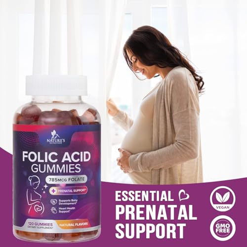 Folic Acid Gummies for Women 785 mcg, Essential Prenatal Vitamins for Mom & Baby, Vegan Folic Acid