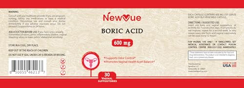 NewVue Boric Acid Vaginal Suppositories - 100% Pure Made in USA - Intimate Health Support (30 Count)
