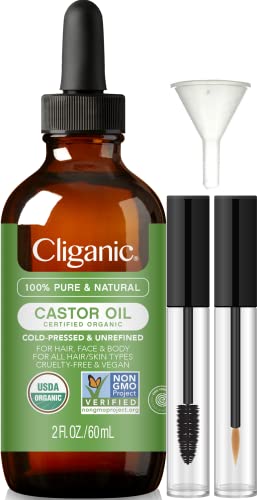 Cliganic Organic Castor Oil, 100% Pure (2oz with Eyelash Kit) - For Eyelashes, Eyebrows, Hair & Skin
