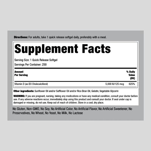 Piping Rock Vitamin D3 5000 IU | 250 Softgels | High Potency Supplement | Non-GMO