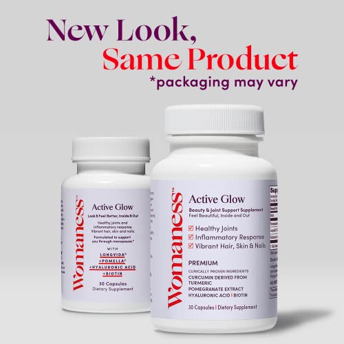 Womaness Active Glow Hair Skin and Nails Vitamins - Biotin, Longvida Curcumin & Hyaluronic Acid