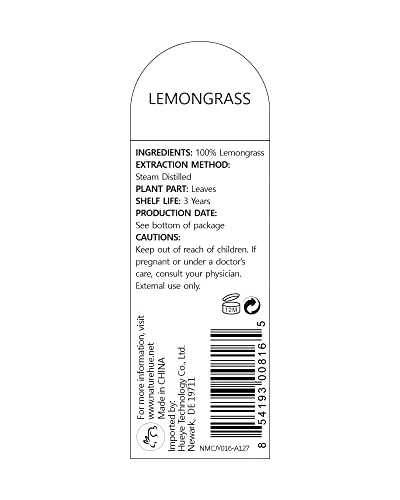 NATURE HUE Lemongrass Essential Oil - 10 mL (1/3 oz) - Pure, Natural, Therapeutic Grade