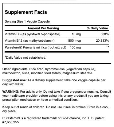Swanson Pueraria Mirifica with B6 '&' B12 - Featuring Puresterol 60 Veg Caps 2 Pack