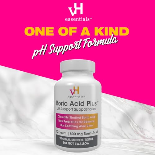 vH essentials Boric Acid Plus Vaginal Suppositories, Prebiotic Infused with Soothing Aloe Vera, pH
