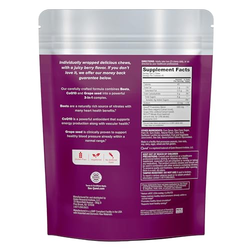 Qunol Beets Chews for Blood Pressure Support, 3 in 1 Beets + CoQ10 + Grape Seed Extract