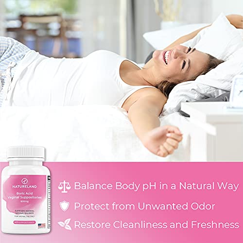 Natureland 40 Count, 600mg Boric Acid Vaginal Suppositories, Made in USA, Restore pH Balance