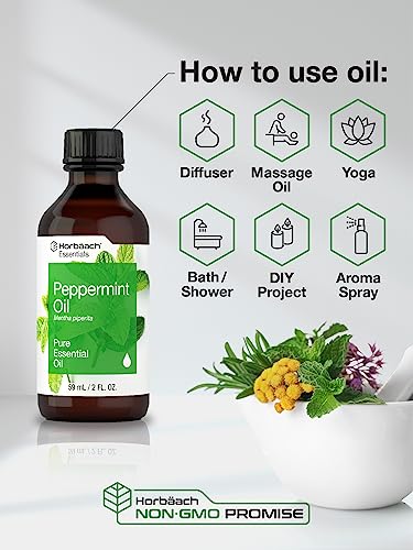 Horbaach Peppermint Oil | 2 fl oz | Pure Essential Spray | for Massage, Bath & Diffusers | Non-GMO