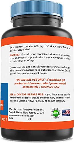 Nova Nutritions Boric Acid Vaginal Suppositories - 100% Pure Made in USA - USP Medical Grade Fine Powder