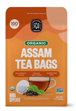 FGO Organic Assam Tea, Eco-Conscious Tea Bags, 100 Count, Packaging May Vary 