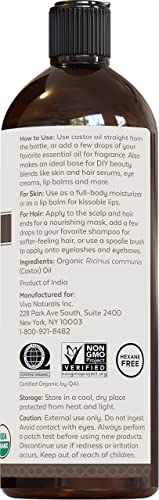 Viva Naturals Organic Castor Oil, 16 fl oz - Cold Pressed Castor Oil for Skin, Hair and Lashes - Traditionally