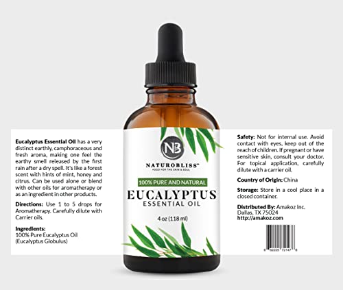 NaturoBliss 100% Pure Natural Undiluted Eucalyptus Essential Oil (4oz) Premium Therapeutic Grade