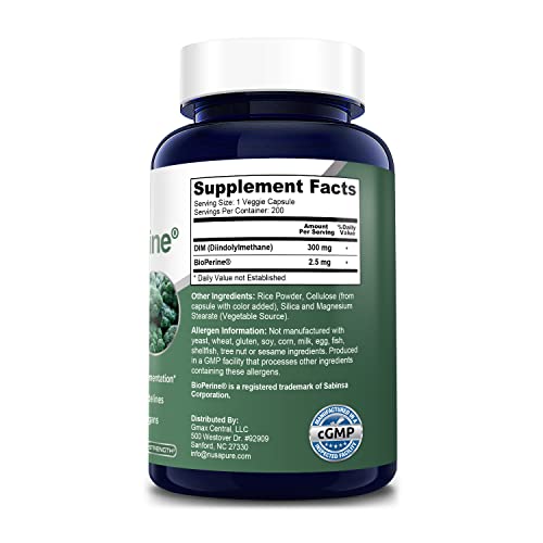 NusaPure DIM 300mg with Bioperine - 200 Veg caps (Non-GMO, Vegan, Gluten-Free) Diindolylmethane