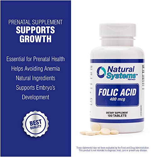 Folic Acid Supplement 100 Tablets 400 mcg by Natural Systems - Prenatal Vitamin for Women Perfect
