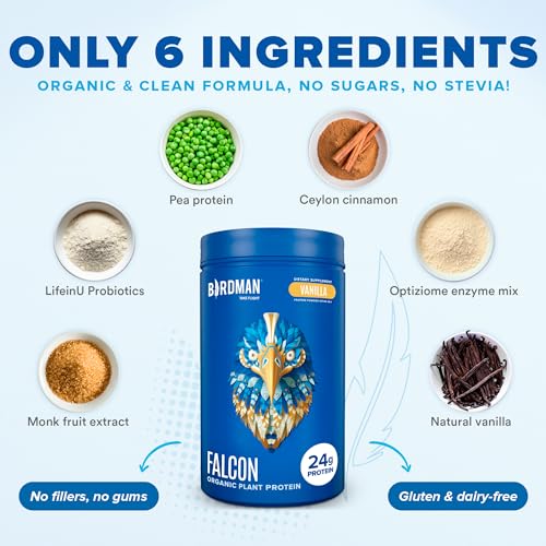 BIRDMAN Falcon Organic Vegan Protein Powder Vanilla, 24g Protein, Sugar Free, Probiotics