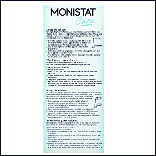 Monistat Stay Fresh Gel, Odor Eliminating Gel for Feminine Care, Fragrance Free Vaginal Gel, Prefilled