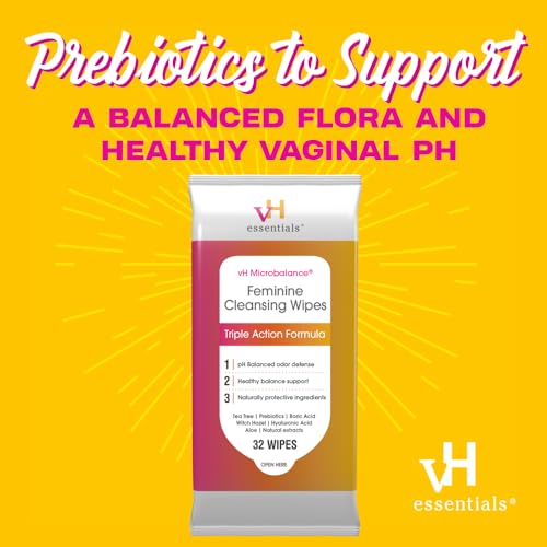 vH essentials Feminine Cleansing Wipes - pH Balanced, Prebiotics, Tea Tree & Aloe, Soothing Witch Hazel