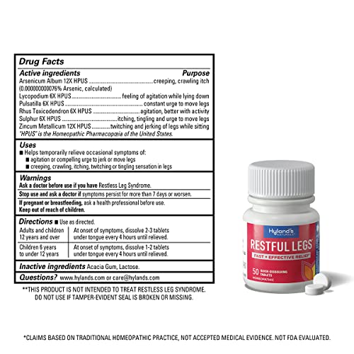Hyland's Naturals Restful Legs Tablets, Natural Itching, Crawling, Tingling & Leg Jerk Relief, Quick Dissolving