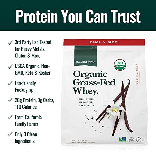 Natural Force Grass Fed Organic Whey Protein Powder – Non GMO Verified, Humane