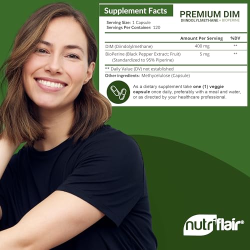 NutriFlair DIM Supplement 400mg with Bioperine, 120 Capsules - Diindolylmethane