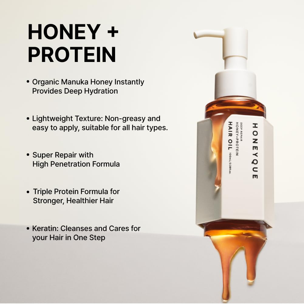 HONEYQUE Deep Repair Honey + Protein Hair Oil Extra Moist 100ml/3.38 fl. oz | Moisturizing 2-Way Hair Oil for Damaged, Frizzy Hair | With Manuka Honey, Keratin, Milk Protein | Japanese Hair Treatment