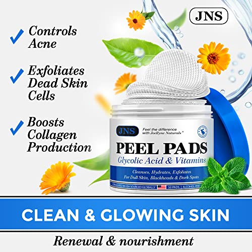 JOELLYNE NATURALS Glycolic Acid Peel Pads - 50 Count, Natural AHA Exfoliating Pads for Acne