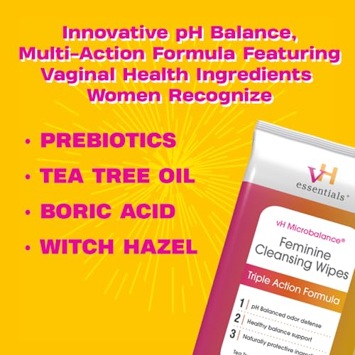vH essentials Feminine Cleansing Wipes - pH Balanced, Prebiotics, Tea Tree & Aloe, Soothing Witch Hazel