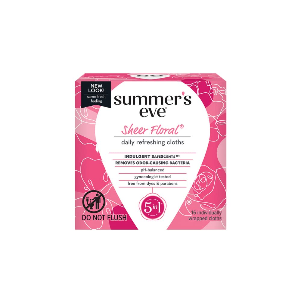 Summer's Eve Sheer Floral Daily Refreshing Feminine Wipes, Removes Odor, pH balanced, 16 count, (Pack of 8)