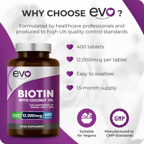 Biotin Hair Growth Supplement 12,000mcg with Coconut Oil | 400 High Strength Tablets