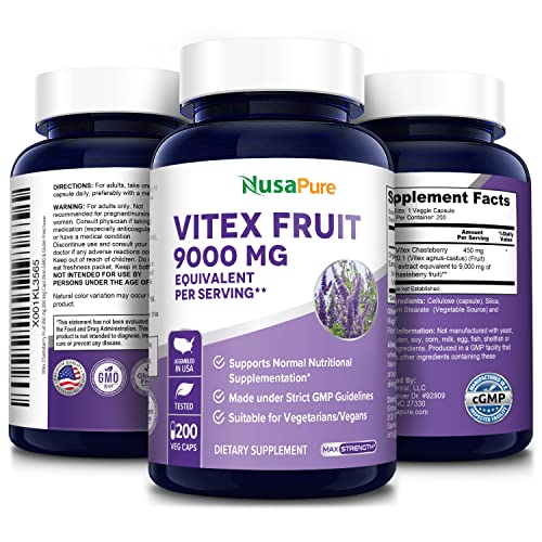 NusaPure Vitex Chasteberry Fruit 20:1 Extract 9,000 mg -200 Veggie Caps 200 Days Supply